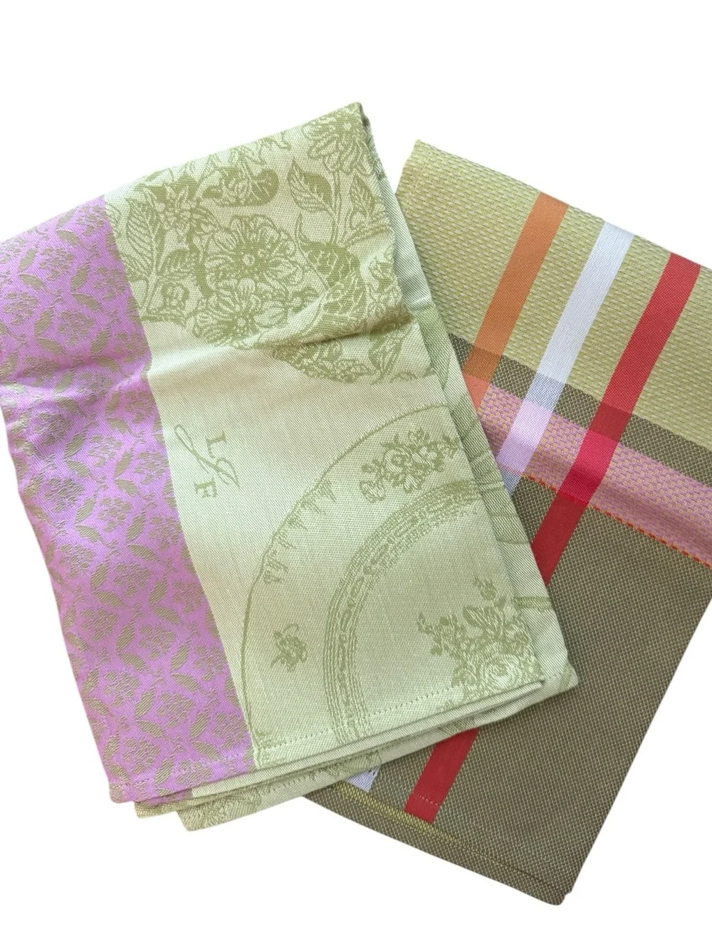 Le Jacquard Francais Tea Towels Set of 2 Macarons & Madras Plaid Green New